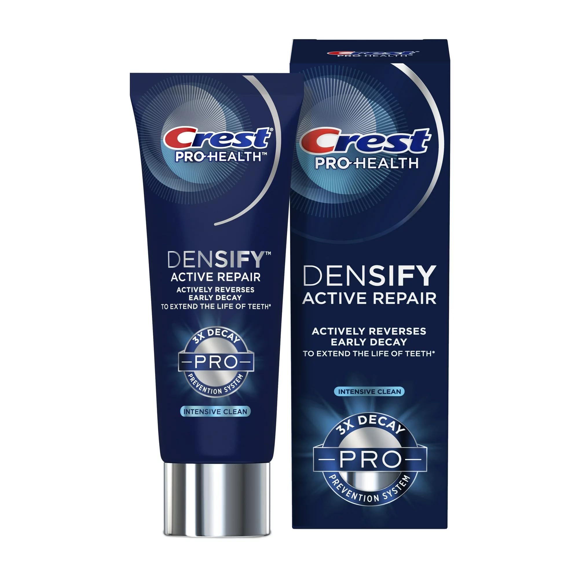 Packaging box highlighting Crest Pro-Health Densify features
