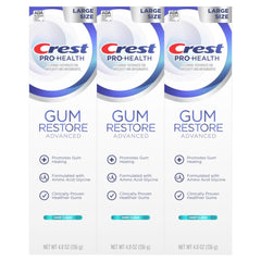 Three 4.8 oz Crest Pro-Health toothpaste tubes displayed together