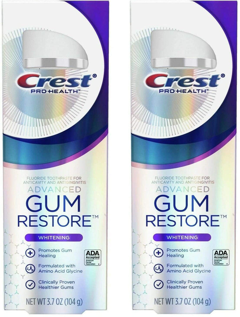 Two Crest Pro Health Gum Restore toothpaste tubes in a 2-pack