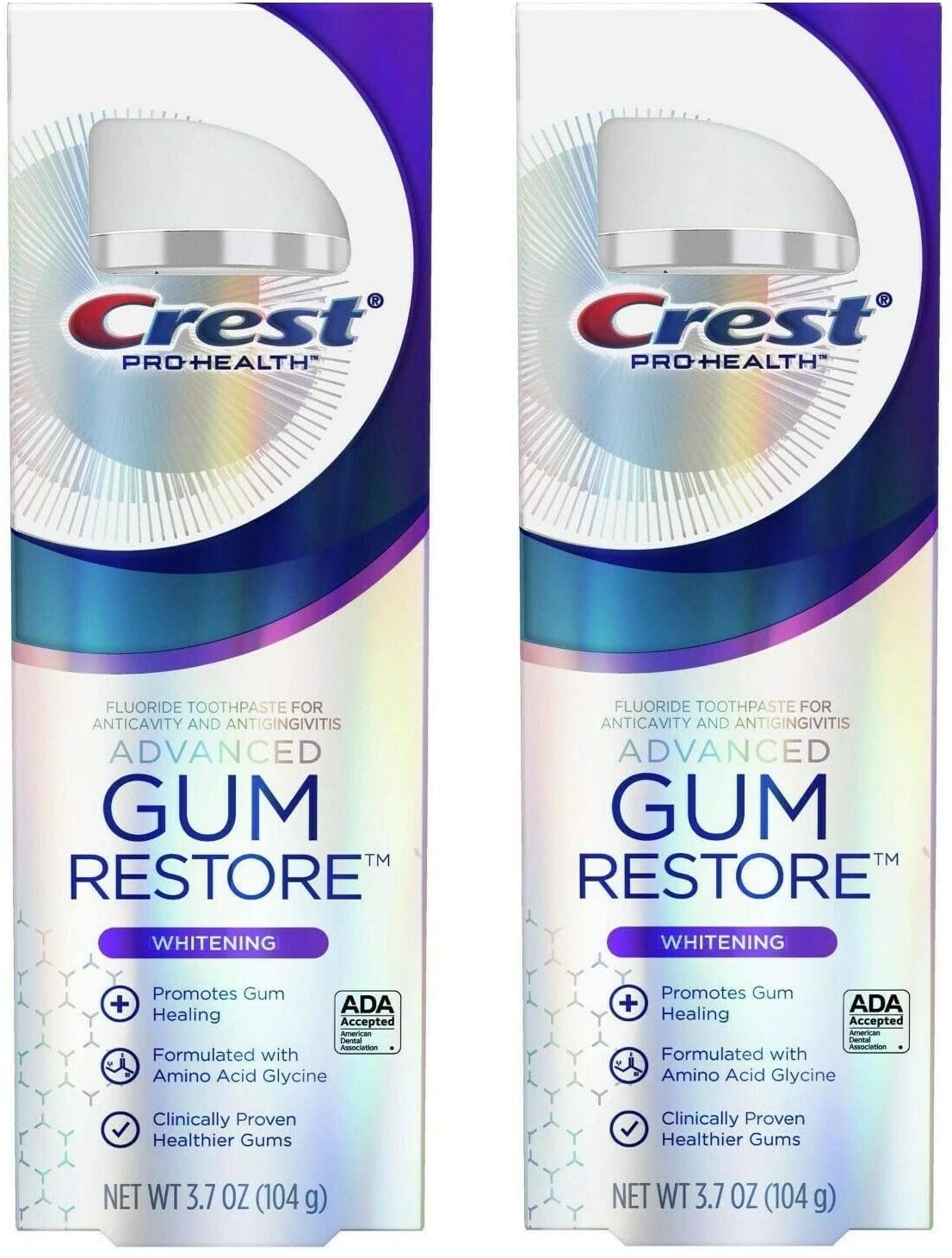 Two Crest Pro Health Gum Restore toothpaste tubes in a 2-pack