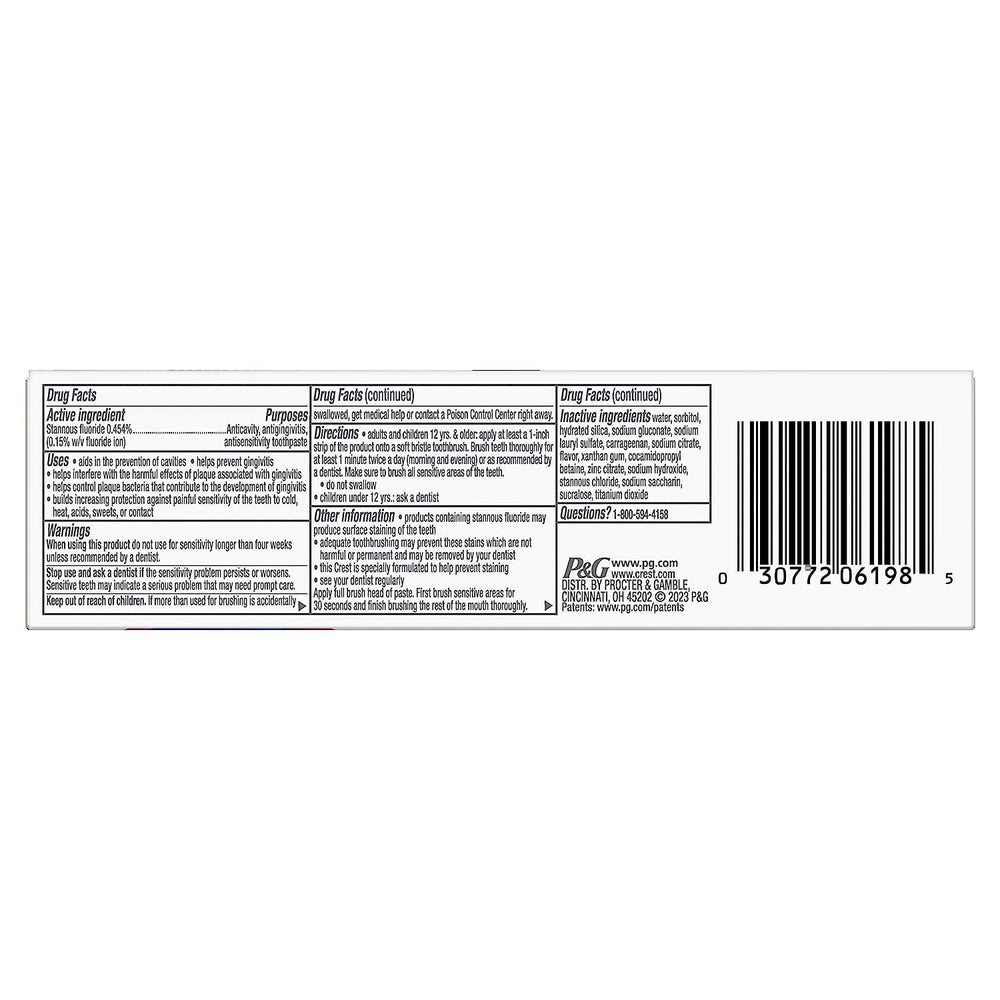 Close-up of Crest Pro-Health Gum & Sensitivity toothpaste tube