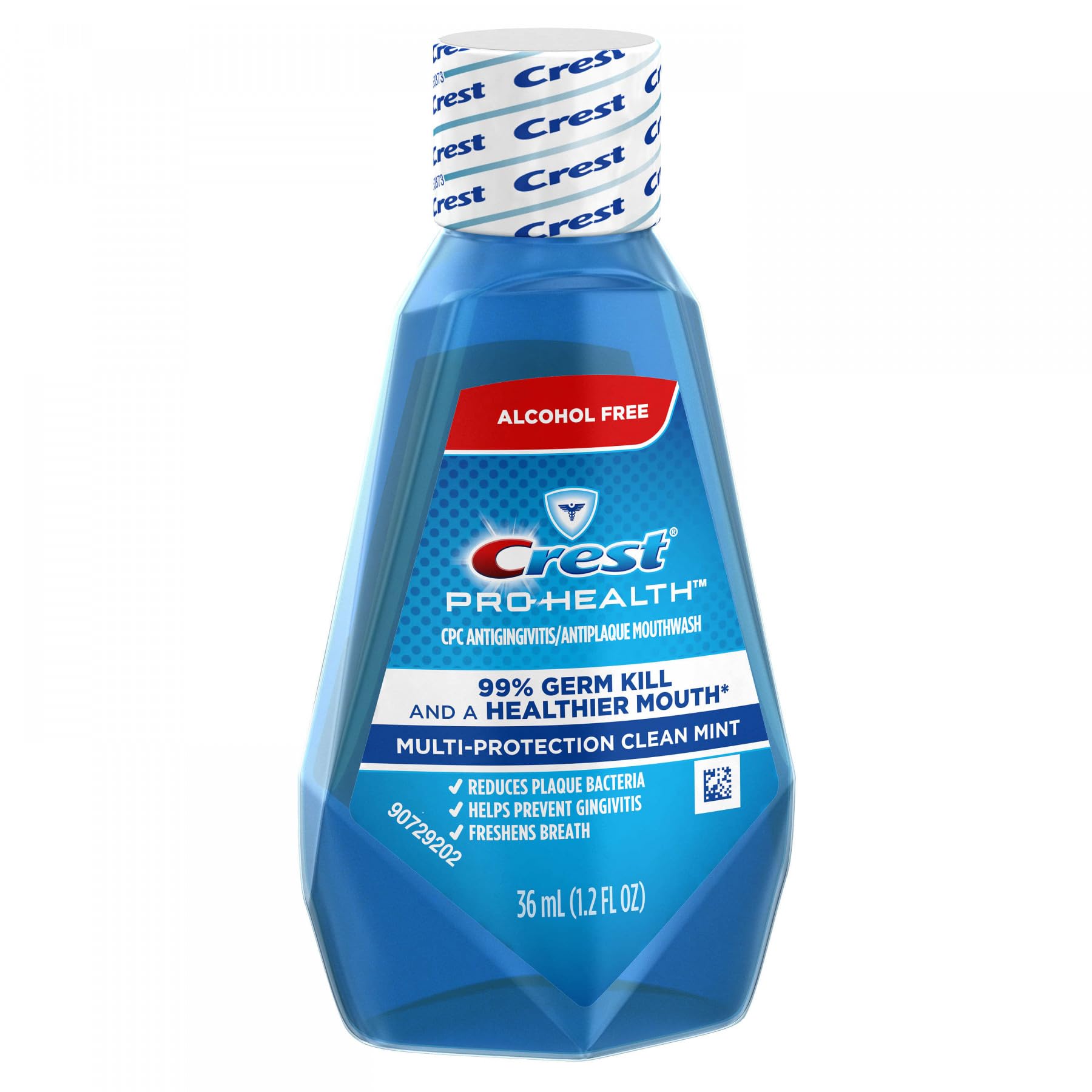 Close-up of Crest Pro-Health Clean Mint mouthwash bottle 1.22 oz