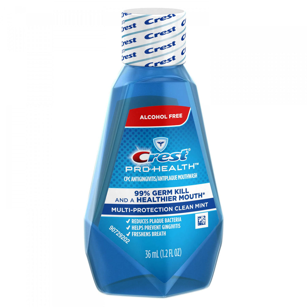 Close-up of Crest Pro-Health Clean Mint mouthwash bottle 1.22 oz