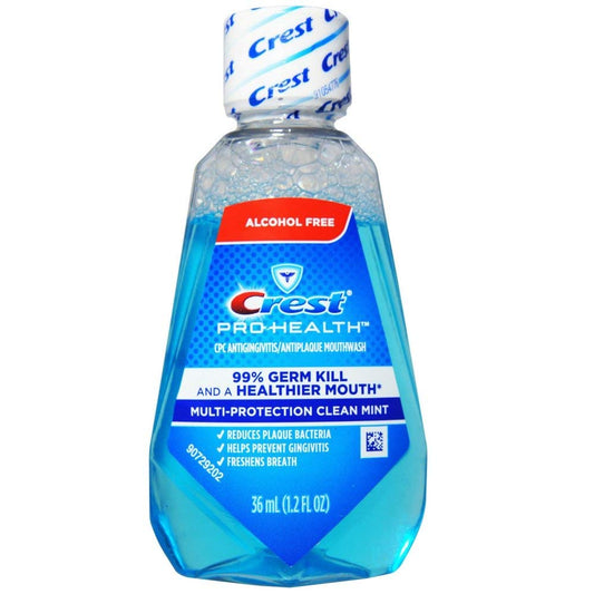 Close-up of Crest Pro-Health travel-size mouthwash bottle (32 ml) in 12-pack