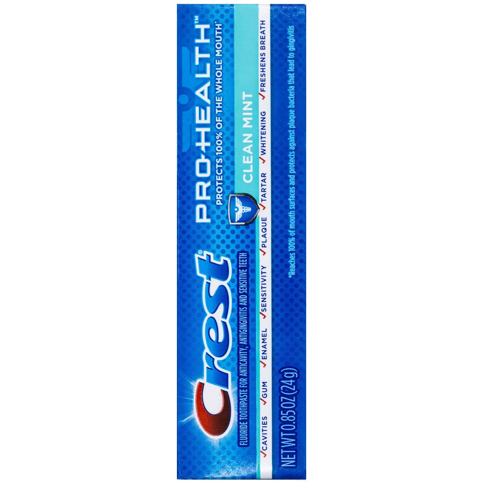 Pack of twelve Crest Pro-Health travel-sized toothpaste tubes (0.85 oz each)