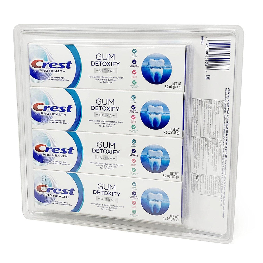 Close-up of Crest Pro Health Ultra Gum Detoxify toothpaste tubes