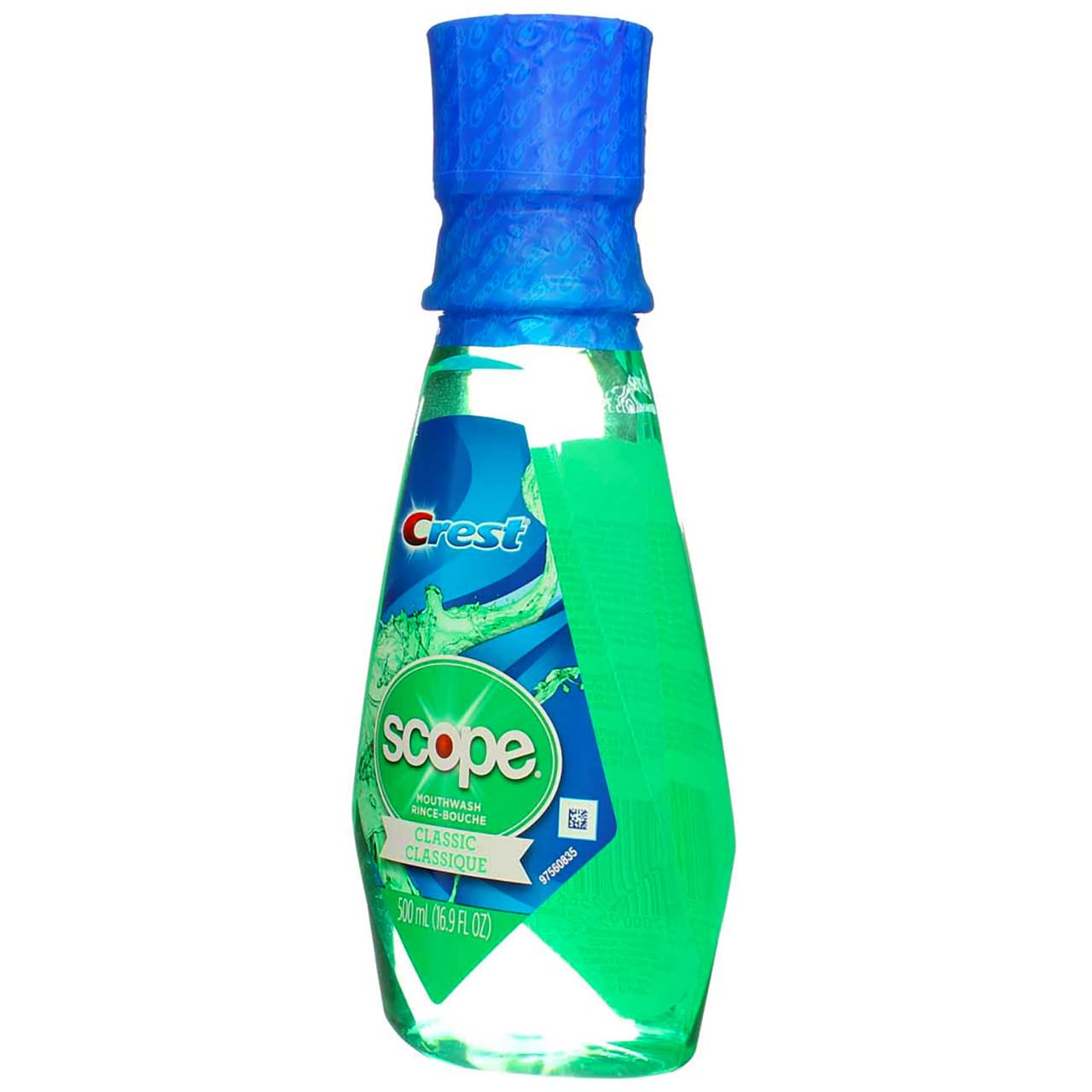 Back view of Crest Scope Classic Mouthwash bottle