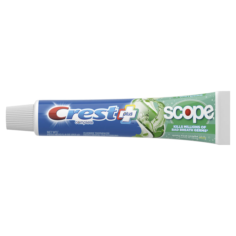 Back view of Crest + Scope Complete Whitening Toothpaste 2-pack carton showing ingredients