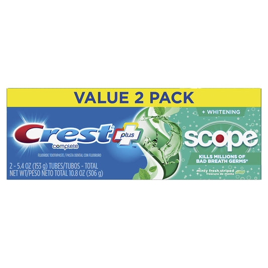Front view of Crest + Scope Complete Whitening Toothpaste 2-pack carton, 5.4 oz each