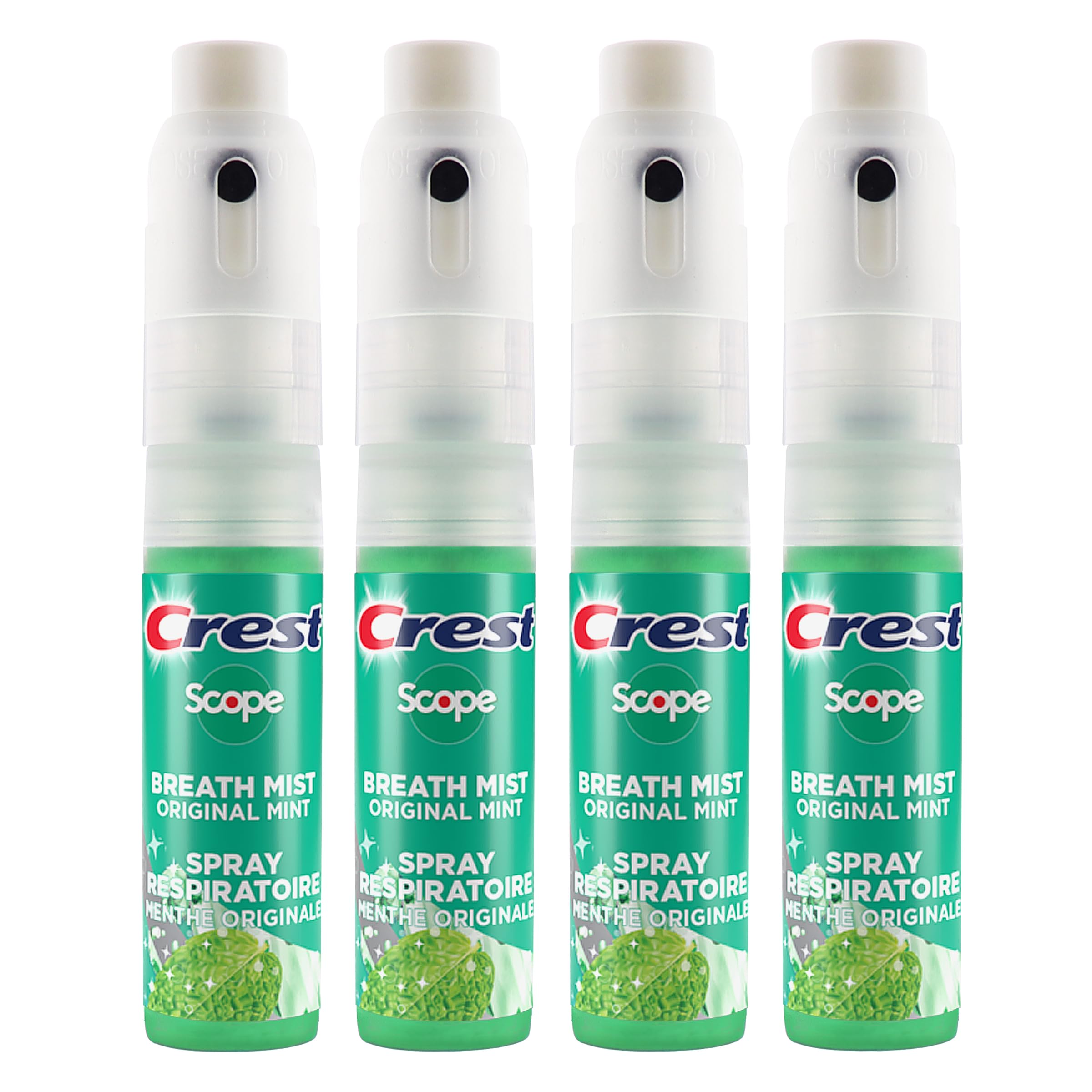 Back packaging of Crest Scope Mint Breath Mist 4-pack