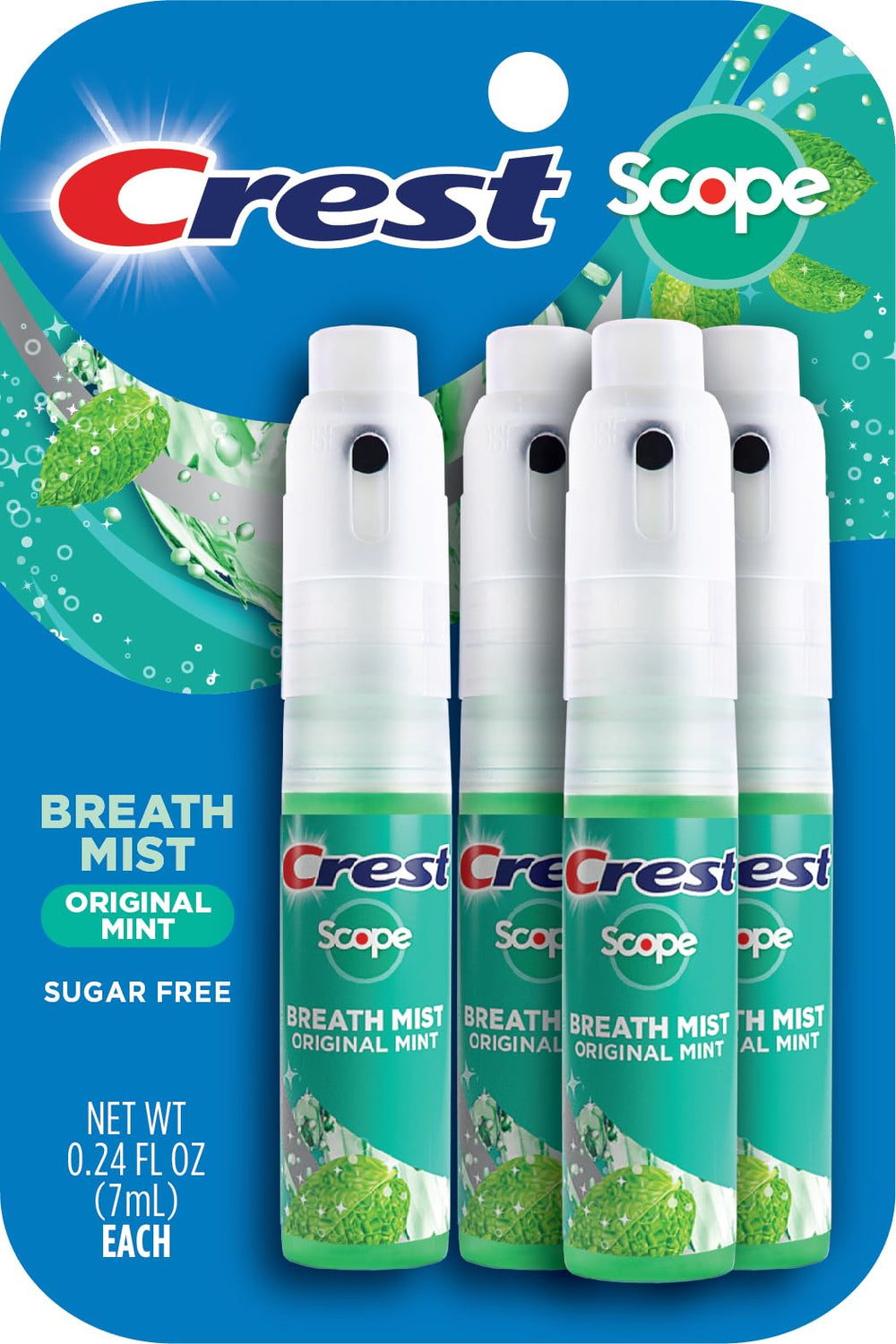 Front view of Crest Scope Mint Breath Mist 4-pack