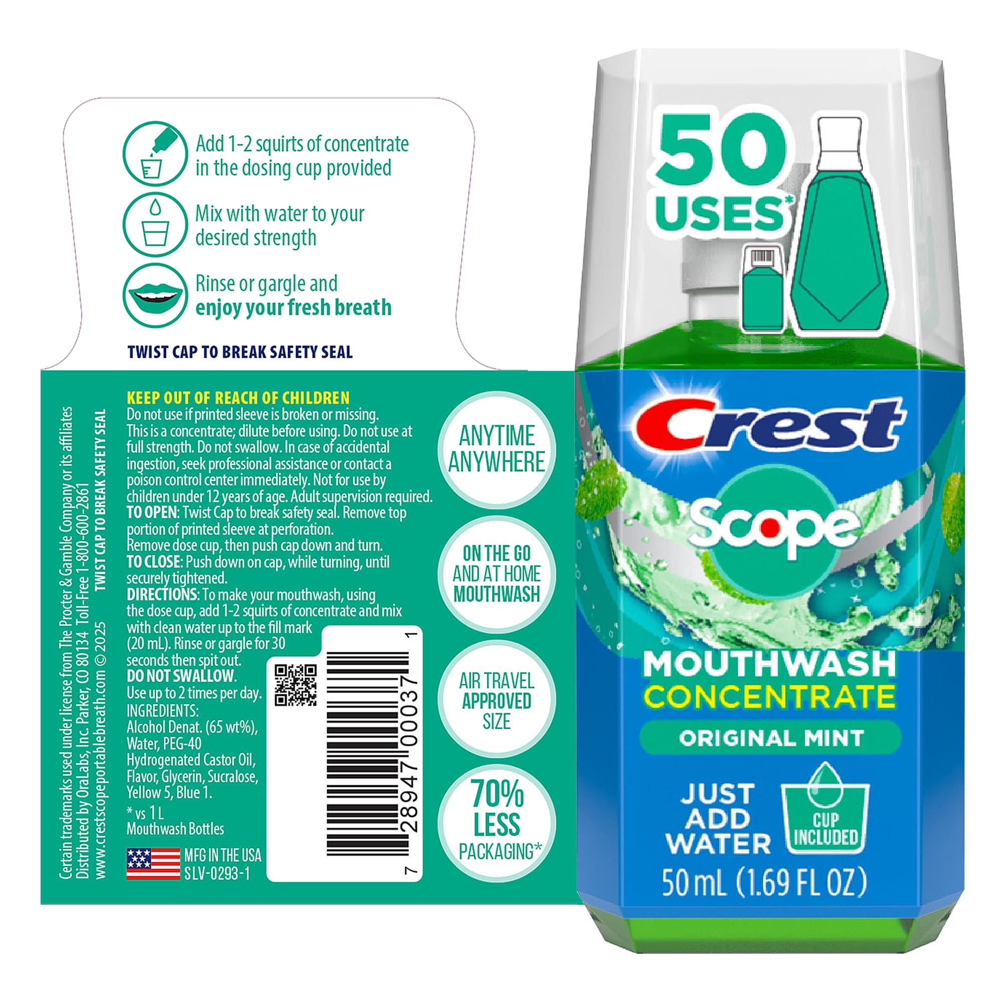 Dosage cup with water for Crest Scope Mouthwash concentrate