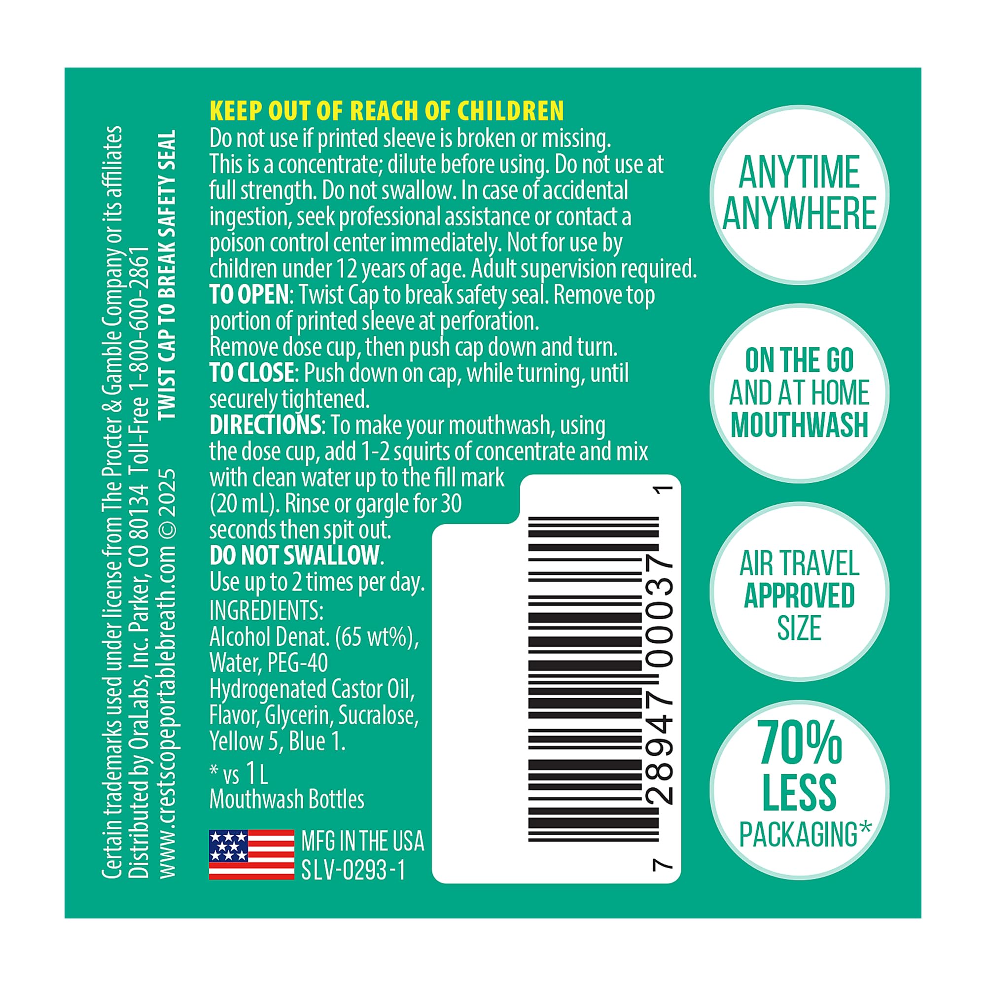 Travel-size Crest Scope Mouthwash concentrate for on-the-go