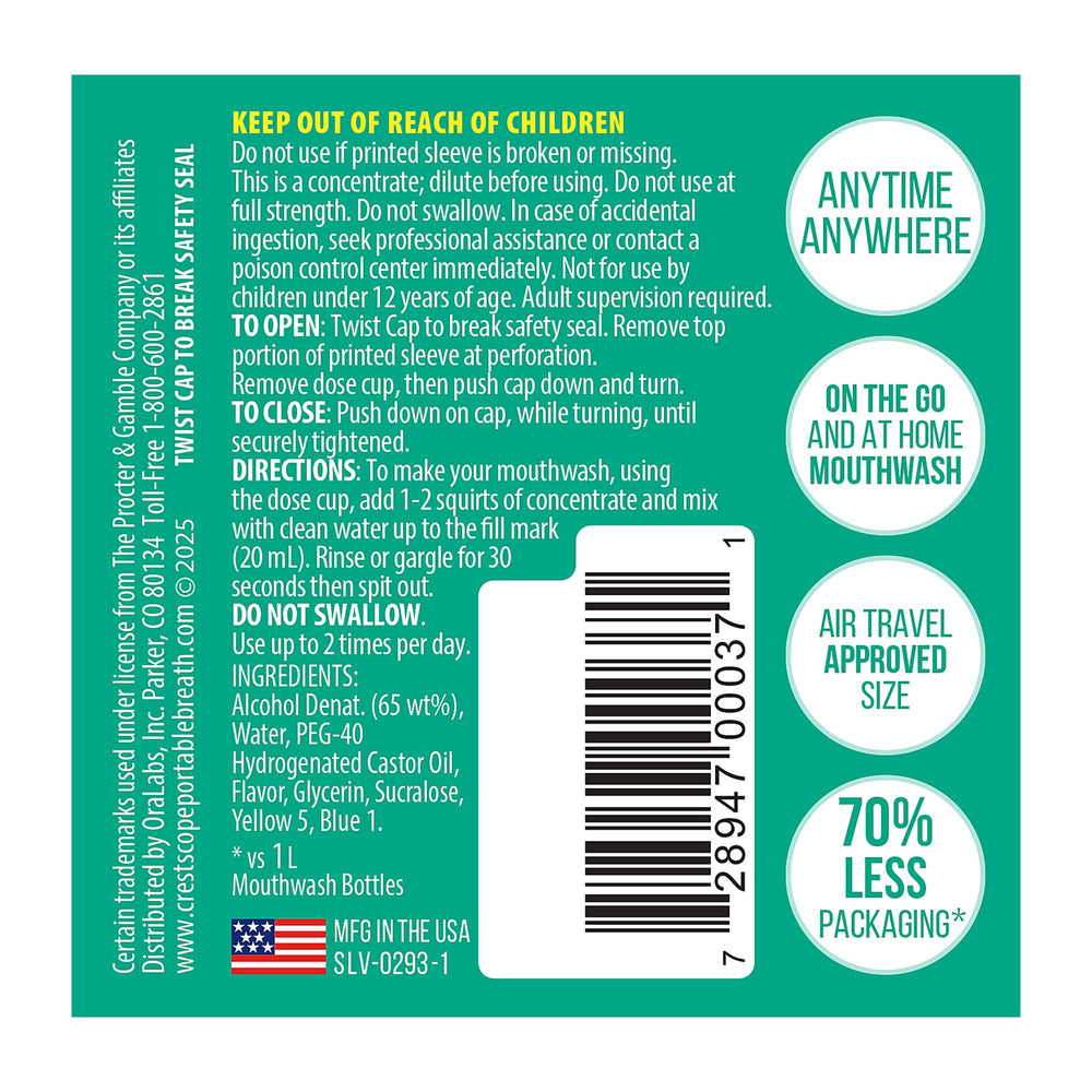 Travel-size Crest Scope Mouthwash concentrate for on-the-go