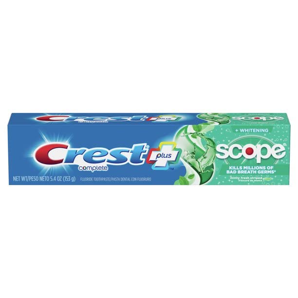 Close-up of Crest + Scope Complete Whitening toothpaste tube
