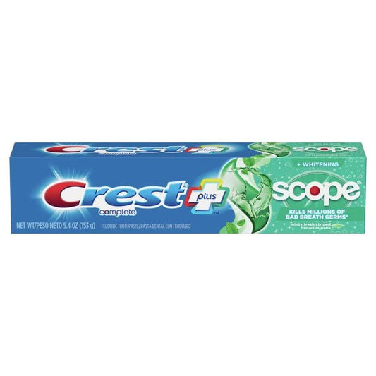 Close-up of Crest + Scope Complete Whitening toothpaste tube