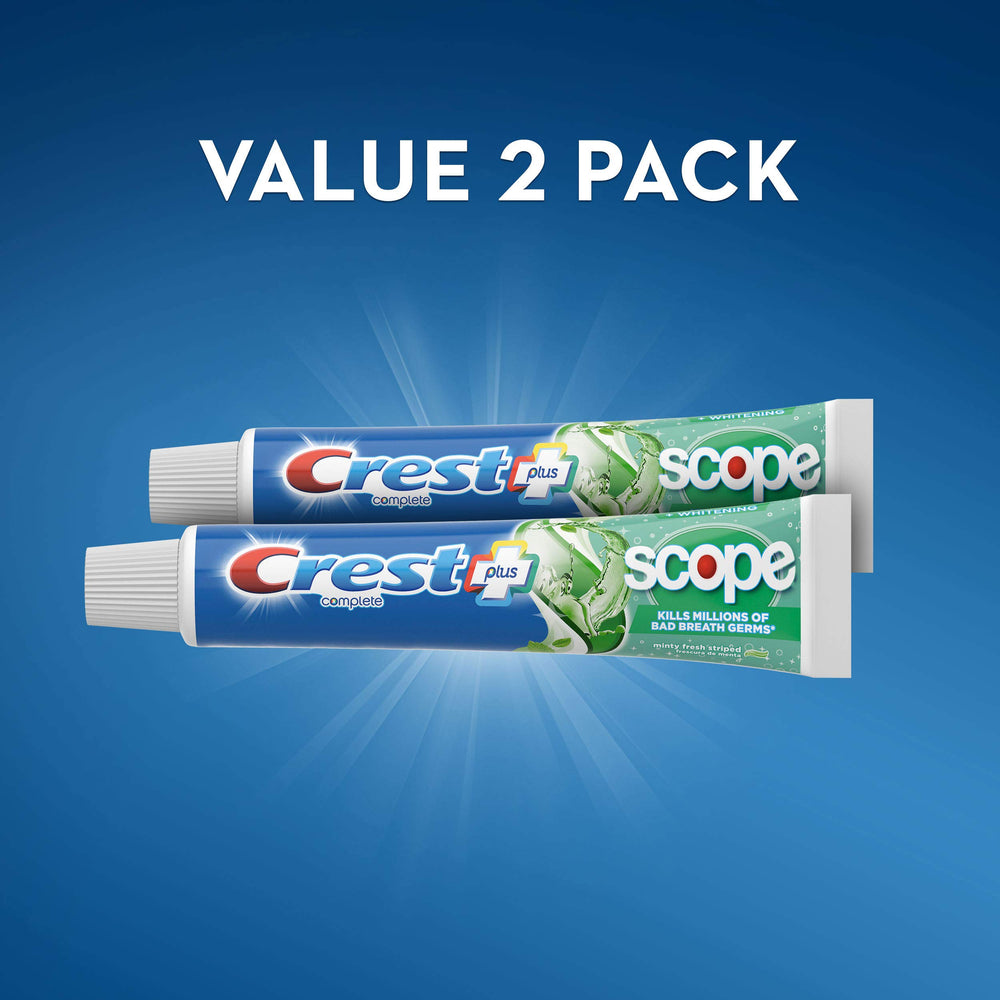 Close-up of toothpaste tubes with Crest + Scope branding