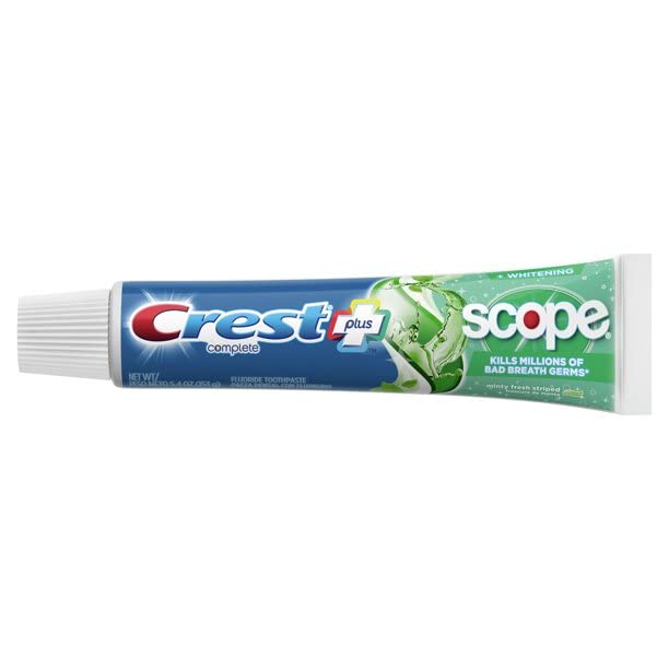 Packaging of Crest + Scope whitening toothpaste 6-pack