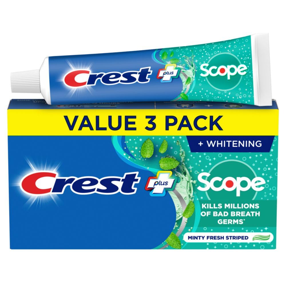 Front view of Crest + Scope Whitening Toothpaste 3-pack