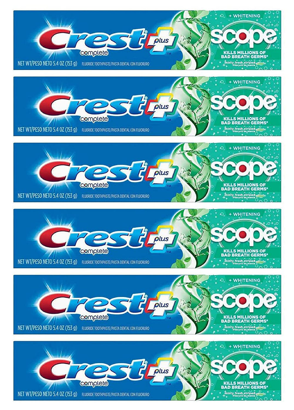 Front view of Crest toothpaste 5.4 oz with Scope branding