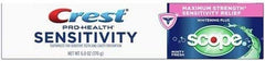 Packaging and a tube of Crest Sensitivity Whitening toothpaste highlighting whitening and sensitivity protection