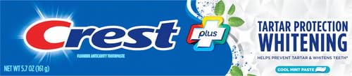 Close-up of Crest Tartar Protection Cool Mint toothpaste tube.