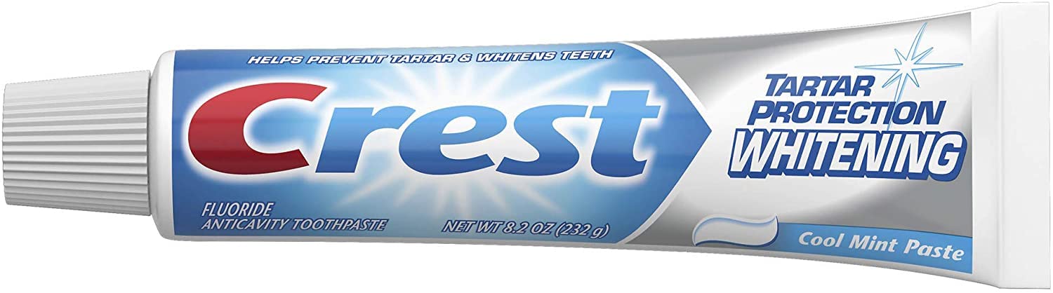 Crest toothpaste label showing active ingredients and fluoride