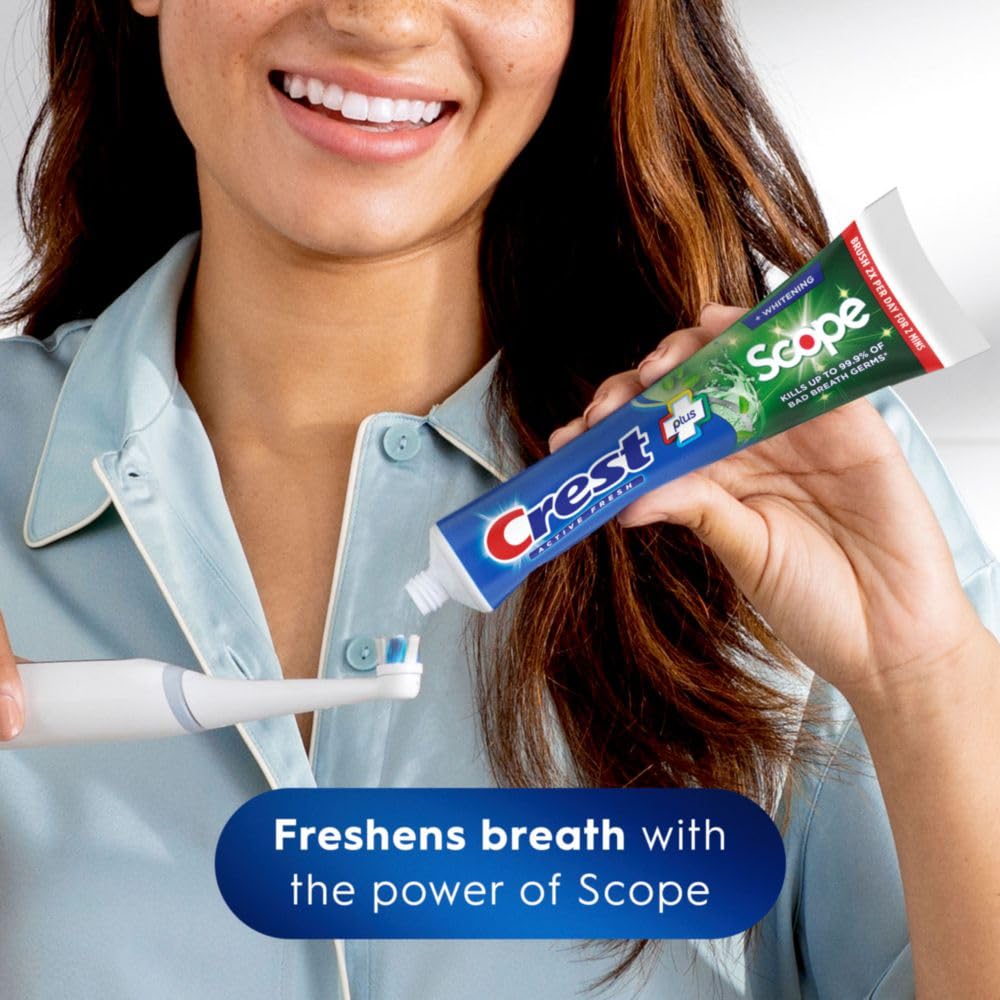 Close-up of Crest Whitening Plus Scope toothpaste tube