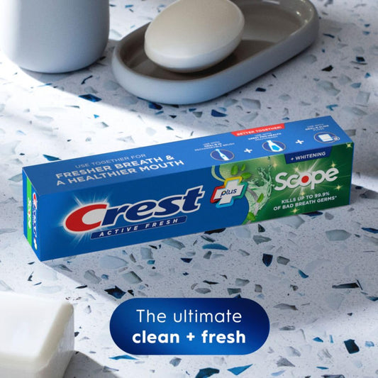 Back view of Crest Whitening Plus Scope 4-pack packaging