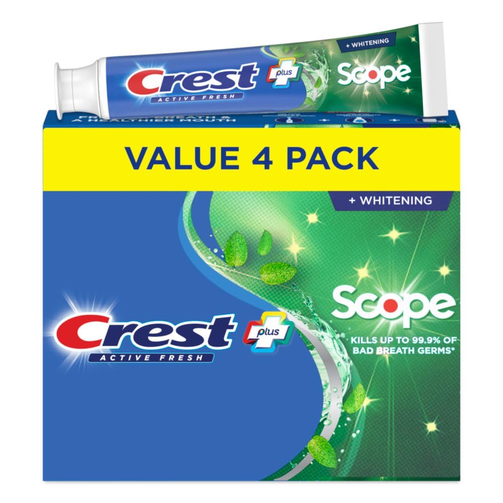 Four Crest Whitening Plus Scope toothpaste tubes in a 4-pack (front view)
