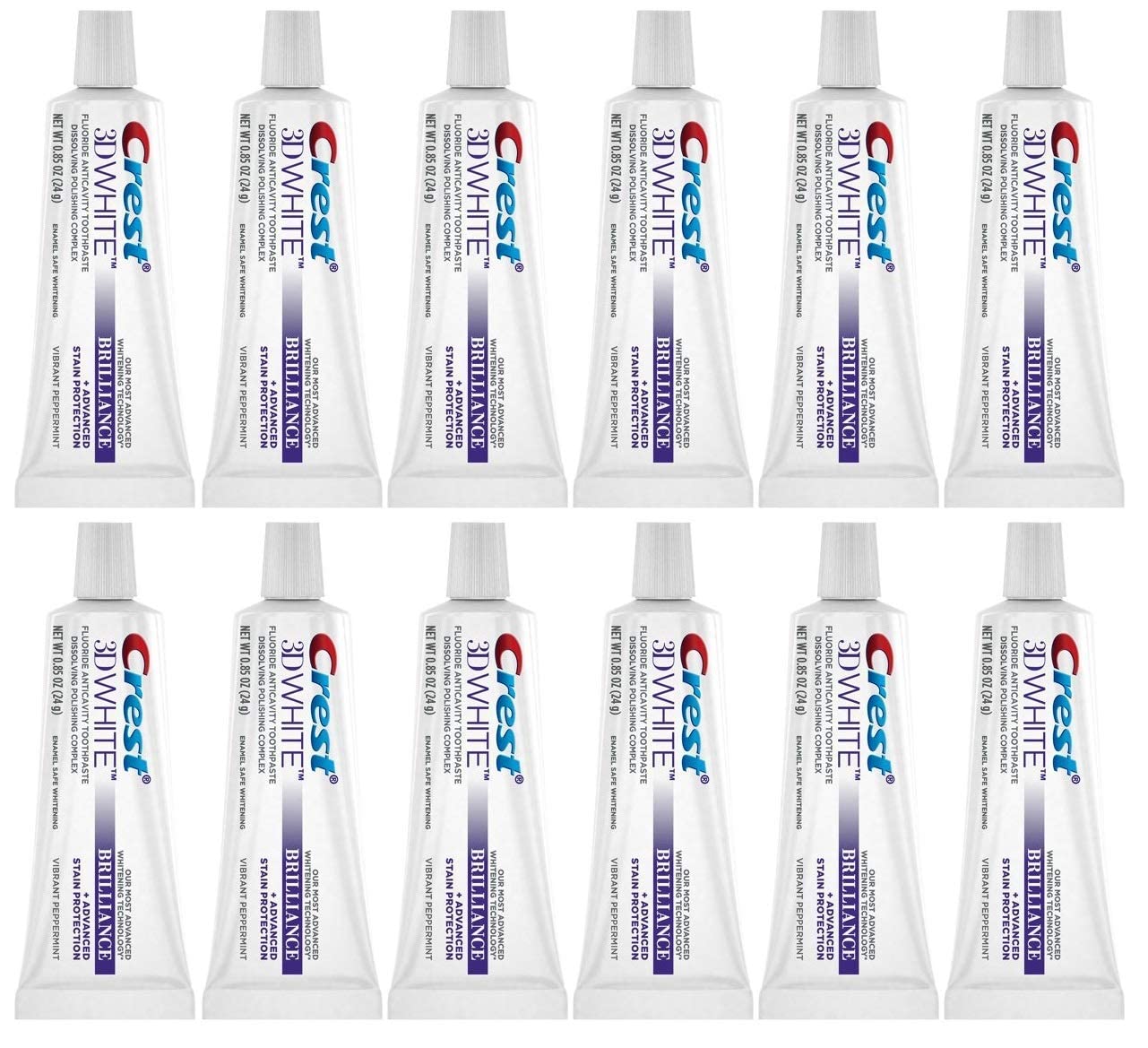 Crest 3D White Brilliance Toothpaste – Vibrant Peppermint, Travel Size 0.85 oz (24 g) – Pack of 12 (tube 1)
