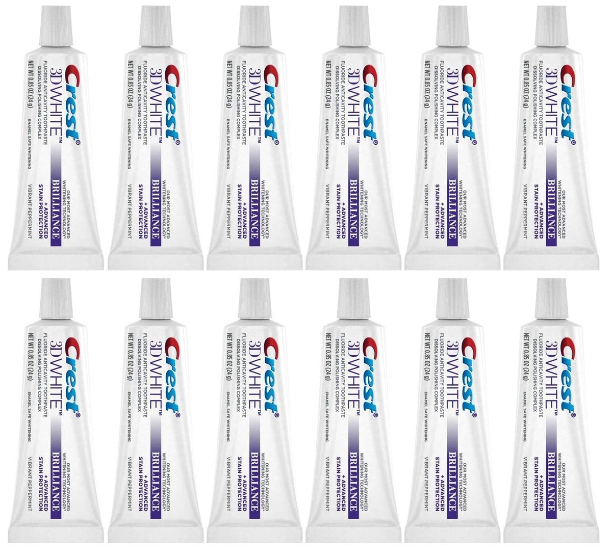 Crest 3D White Brilliance Toothpaste – Vibrant Peppermint, Travel Size 0.85 oz (24 g) – Pack of 12 (tube 1)