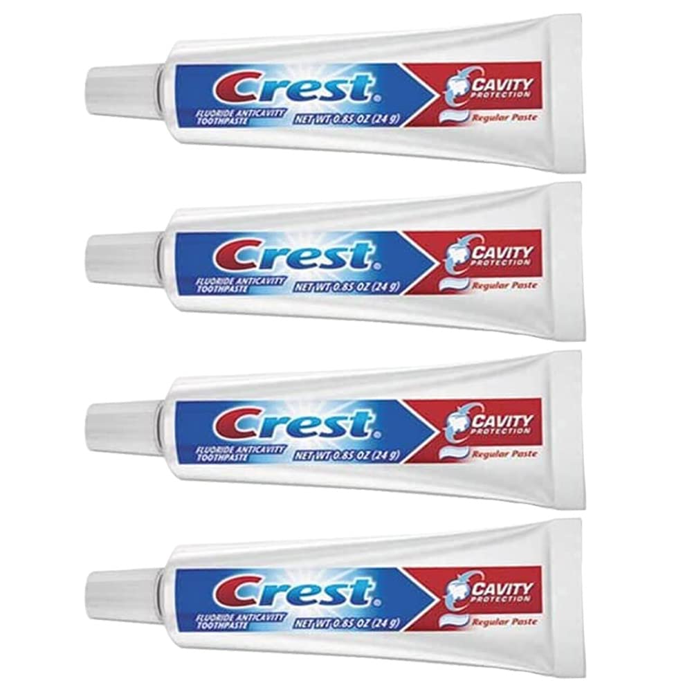 Crest Cavity Protection toothpaste travel-size tube, 0.85 oz (24 g), 4-pack carton.