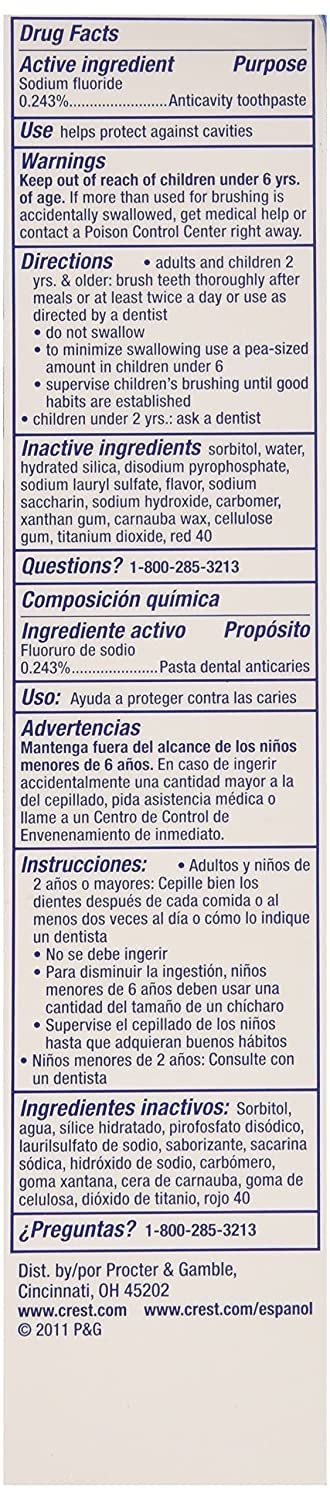 Label highlighting fluoride content on Crest toothpaste