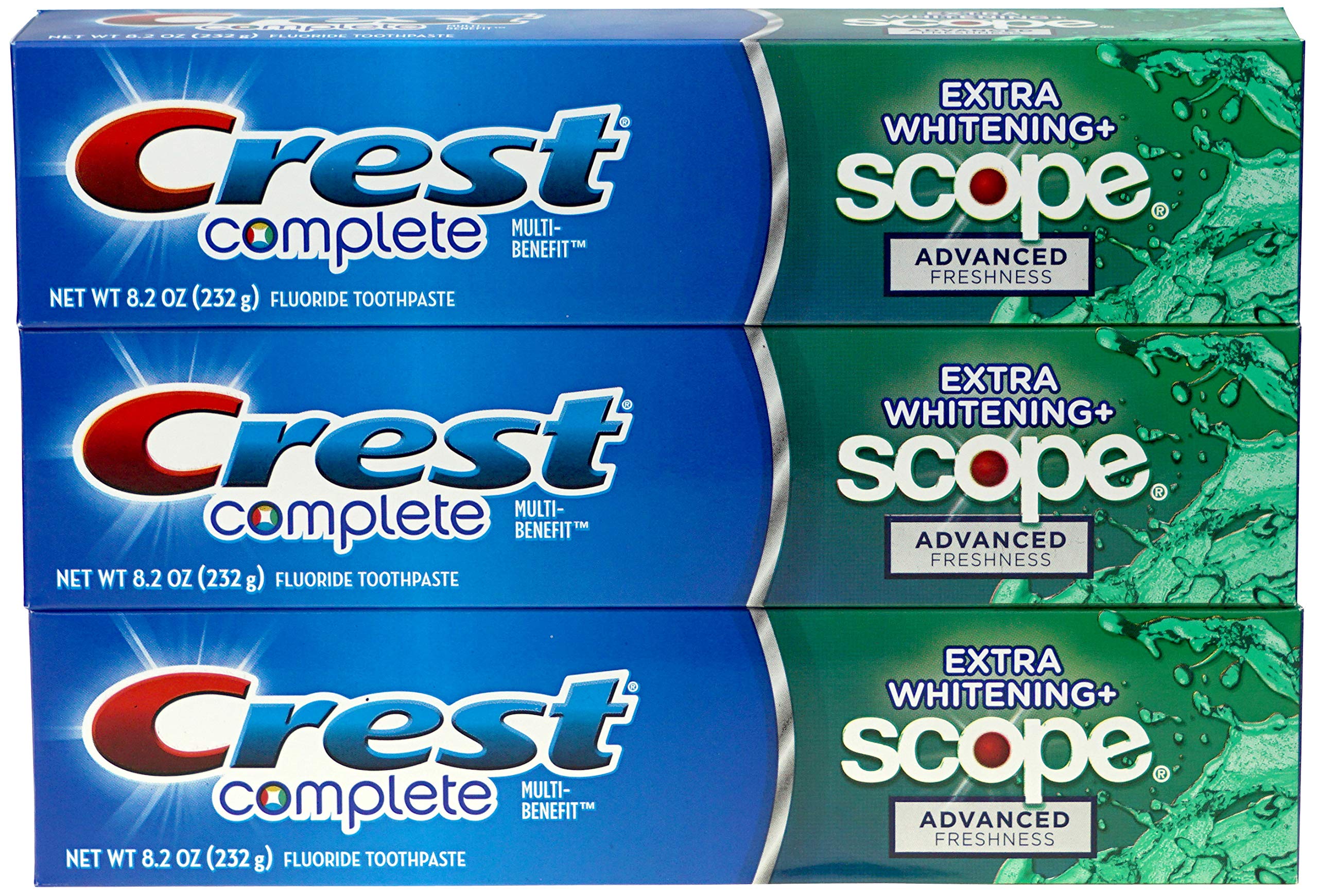 Front view of Crest Complete Multi-Benefit Fluoride Toothpaste 8.2 oz, 3-count package.