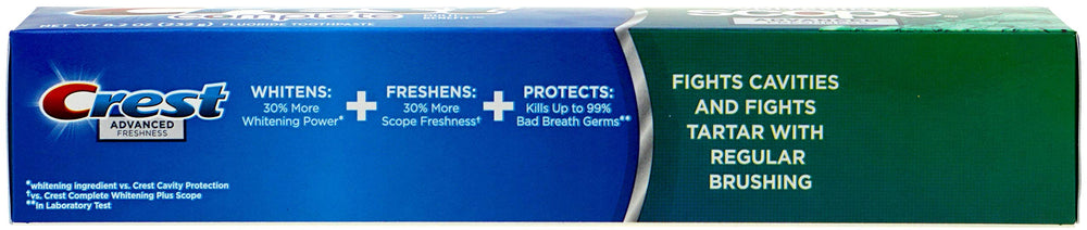 Back/packaging with benefits details for Crest Complete Multi-Benefit Toothpaste.