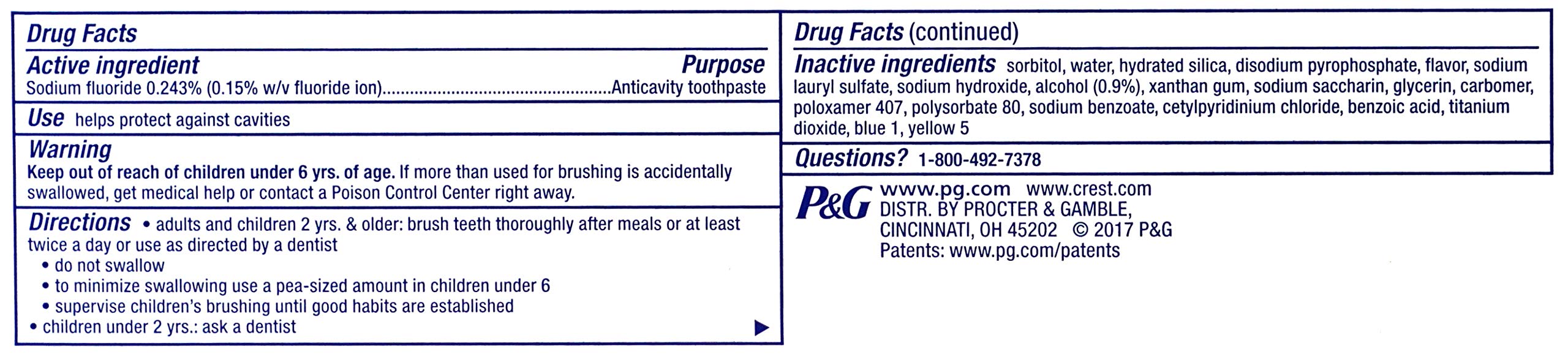 Close-up of Crest Complete toothpaste tube highlighting whitening formula.