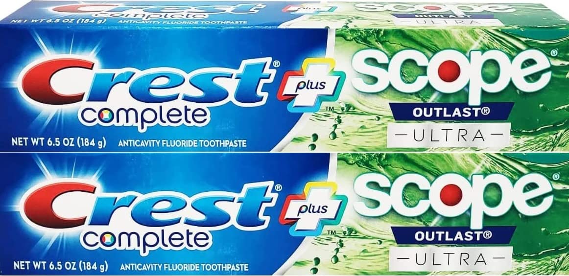 Front view of Crest Complete Whitening Plus Scope Outlast Ultra toothpaste pack (2 x 6.5 oz / 184 g)