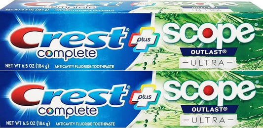 Front view of Crest Complete Whitening Plus Scope Outlast Ultra toothpaste pack (2 x 6.5 oz / 184 g)