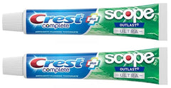 Two Crest Complete toothpaste tubes showing Active Fresh + Whitening formula