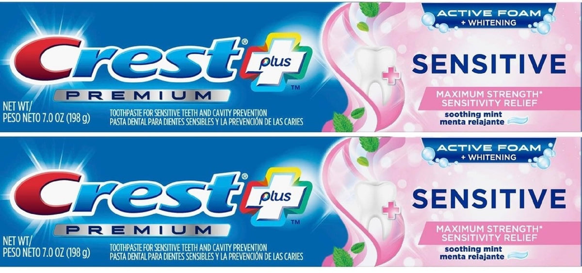 Crest Premium Plus Sensitive Toothpaste bottle with Active Foam Whitening
