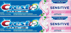 Crest Premium Plus Sensitive Toothpaste bottle with Active Foam Whitening