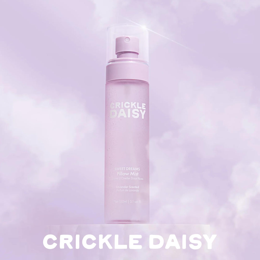 Crickle Daisy Sweet Dreams Lavender Pillow Mist closeup depicting soothing aroma in action.