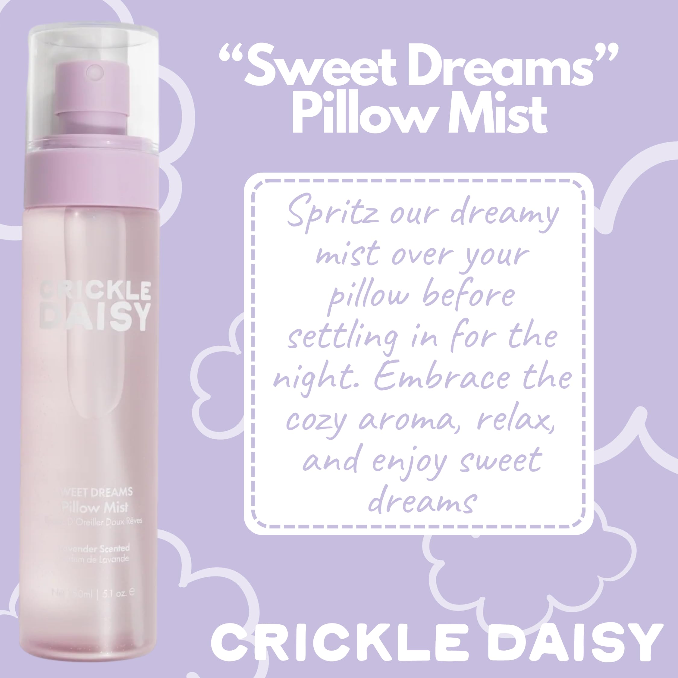 Crickle Daisy Sweet Dreams Lavender Pillow Mist label highlighting natural fragrance and safety.