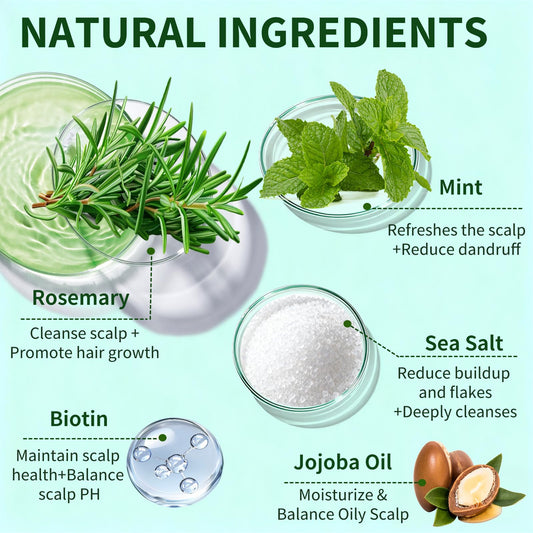 Criszenv Scalp Scrub ingredients close-up showing rosemary and mint for soothing care.