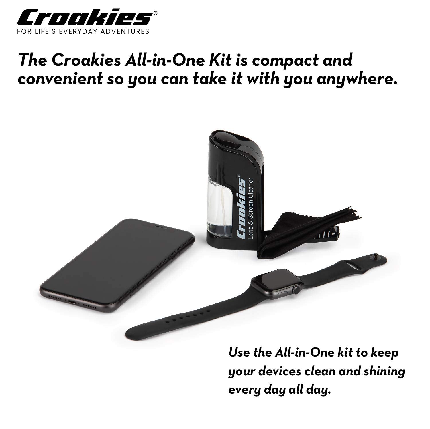 Lifestyle image of Croakies cleaning kit with eyewear during travel