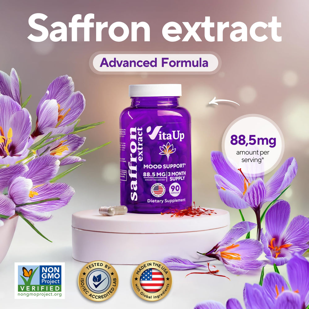 Close-up of Crocus sativus saffron extract in capsule