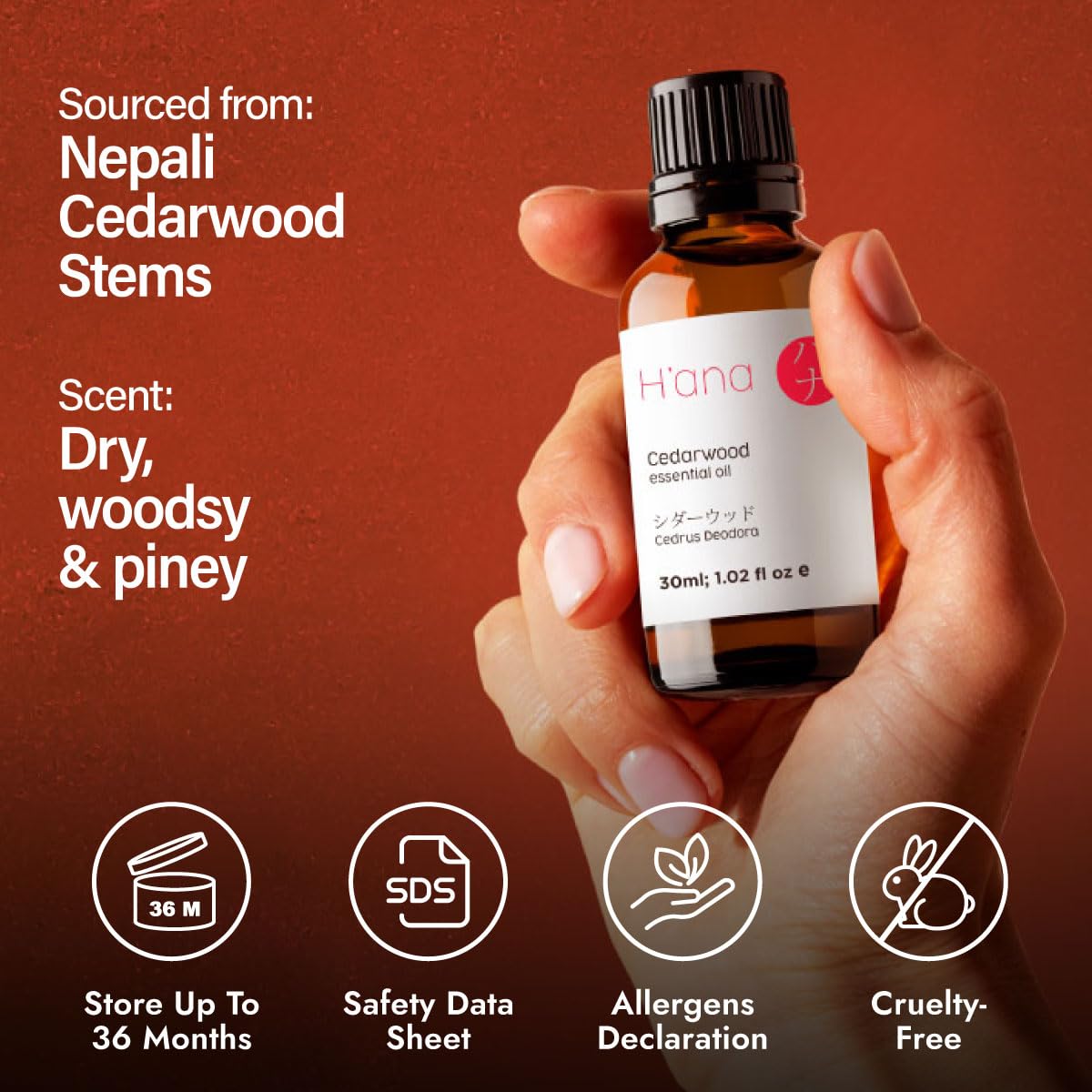 Cruelty-free cedarwood essential oil packaging