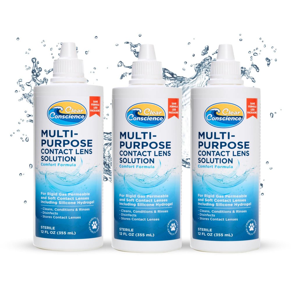 Front view of Clear Conscience cruelty-free contact lens solution 12oz bottle