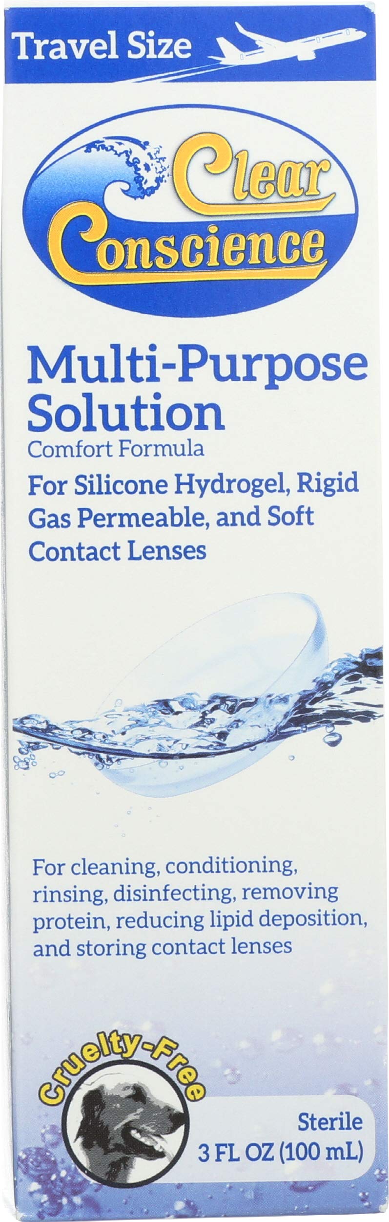 Packaging of Clear Conscience cruelty-free contact lens solution